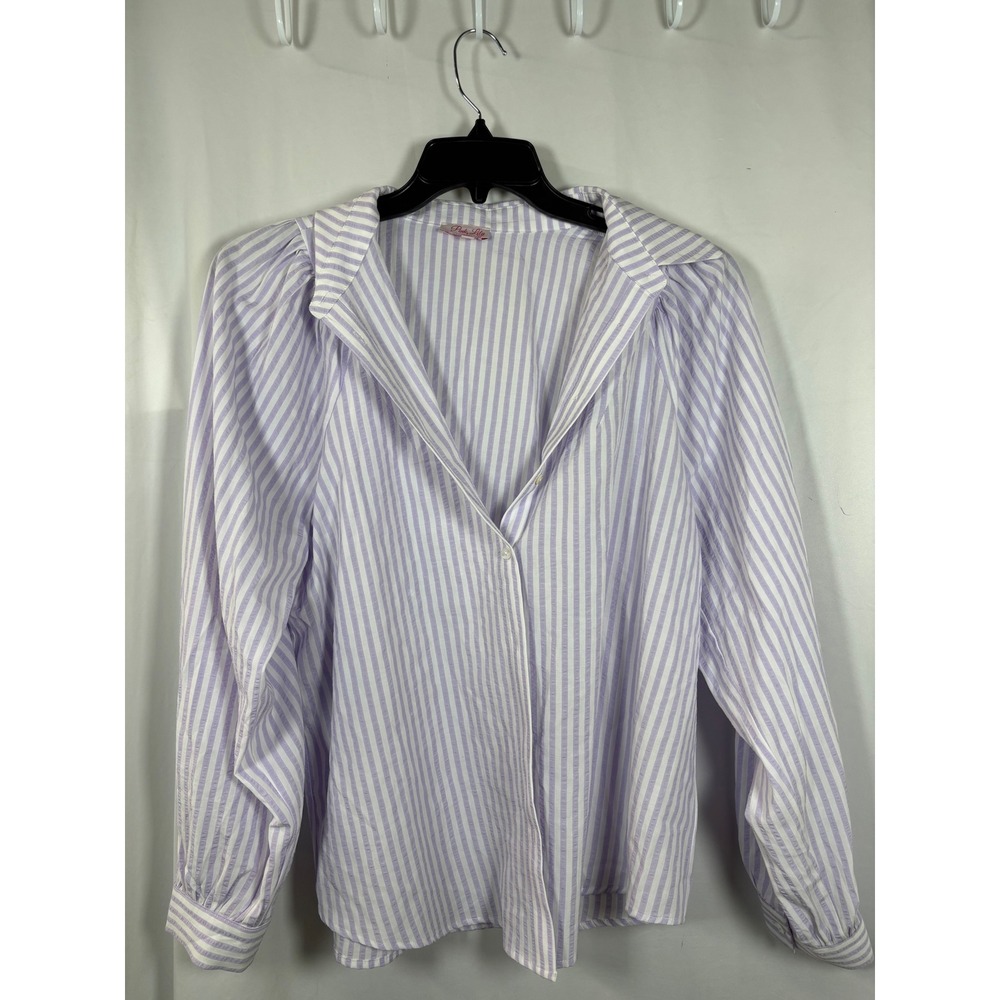 Pink Lily Lavender White Striped Puff Sleeve Button Down Blouse Large